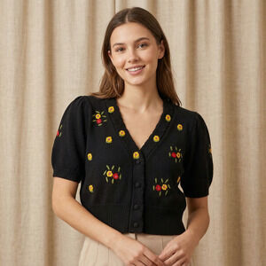 Rihoas Women's Floral Embroidered Cardigan Puff Short Sleeve Cropped Black L